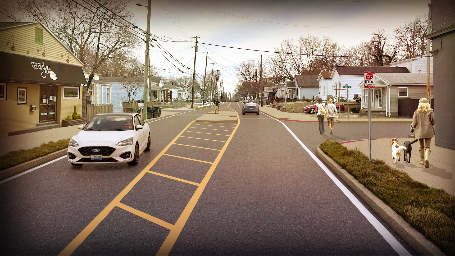 Alternative B: Horizontal deflection, street width reduction, routing restriction. Pedestrian warning signage would be included (not shown), possible vertical deflection (not shown)