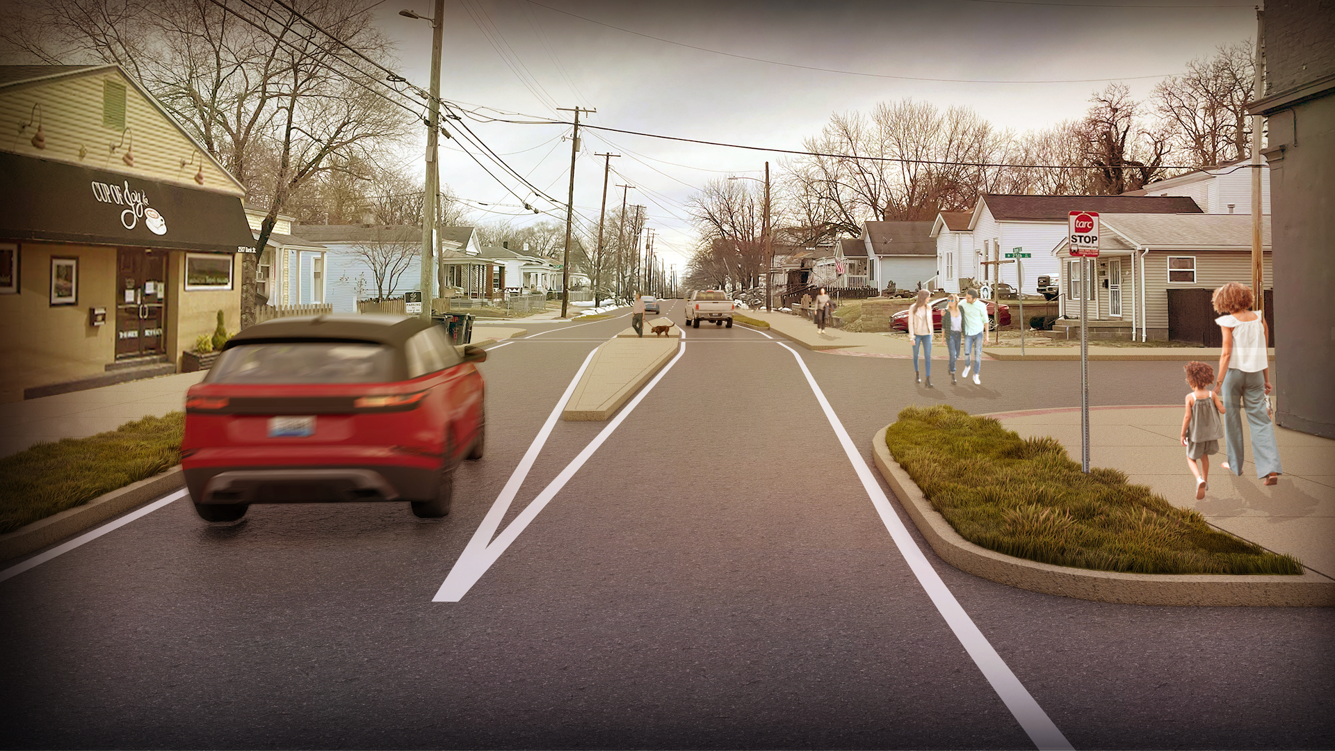 Alternative A: Horizontal deflection, street width reduction, routing restriction. Pedestrian warning signage would be included (not shown), possible vertical deflection (not shown)